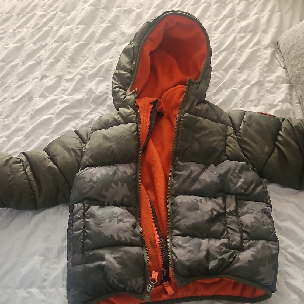 Snozu Kids Green Camouflage Puffer Jacket with Orange Interior